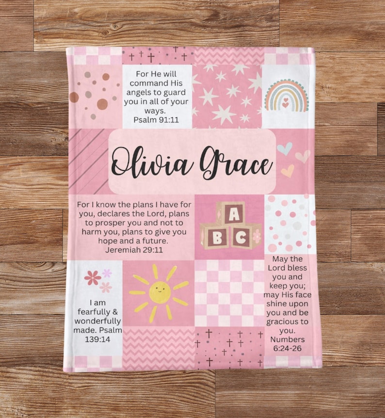 Personalized Minky Baby Name Blanket | Custom Christian Baby Shower & Baptism Gift with Bible Verses, Infant Godchild Christening Keepsake image 13