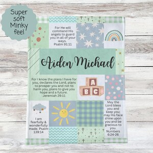 Personalized Minky Baby Name Blanket | Custom Christian Baby Shower & Baptism Gift with Bible Verses, Infant Godchild Christening Keepsake Green