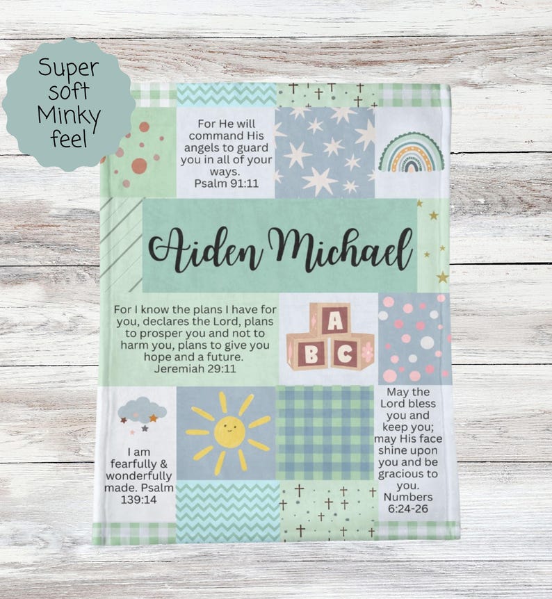 Personalized Minky Baby Name Blanket | Custom Christian Baby Shower & Baptism Gift with Bible Verses, Infant Godchild Christening Keepsake Green