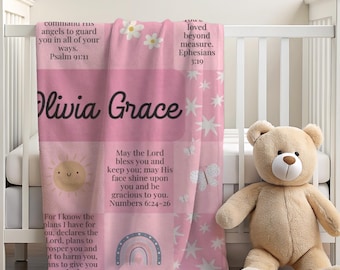 Personalized Scripture Blanket for Girls, Christian Baby Blanket Bible Verse Gift for Baptisms Custom Name Baby Shower, Boho Pink Girls Gift