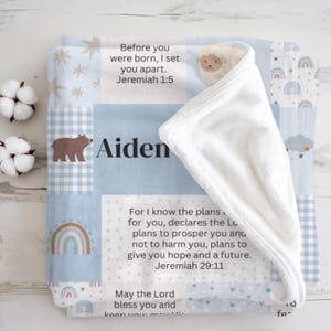 Personalized Christian Baby Blanket for Boy, Bible Verse Gift, Woodland Animals Baby Boy Gift, Boy Godson Baptism Gift with Name Keepsake