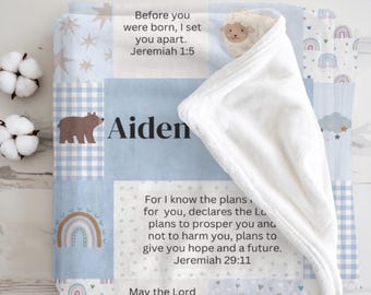 Personalized Christian Baby Blanket for Boy, Bible Verse Gift, Woodland Animals Baby Boy Gift, Boy Godson Baptism Gift with Name Keepsake