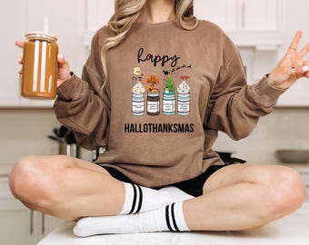 Happy Hallothanksmas Crewneck Sweatshirt for Healthcare Professionals and Nurses, Festive Holiday Gift for Medical, Christmas Pharmacy Shirt