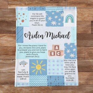 Personalized Minky Baby Name Blanket | Custom Christian Baby Shower & Baptism Gift with Bible Verses, Infant Godchild Christening Keepsake Blue