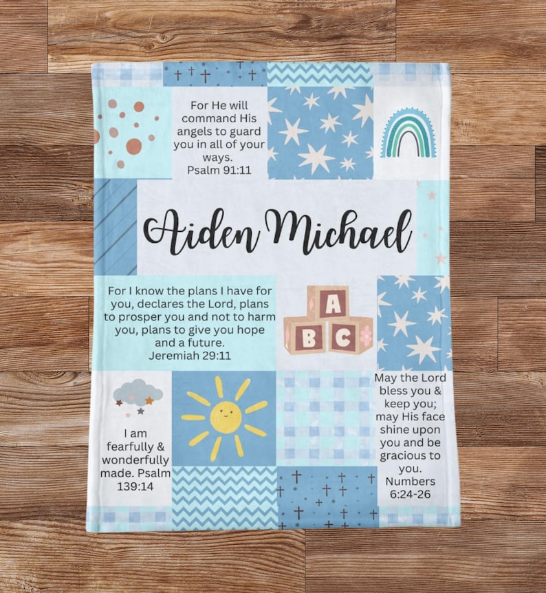 Personalized Minky Baby Name Blanket | Custom Christian Baby Shower & Baptism Gift with Bible Verses, Infant Godchild Christening Keepsake Blue