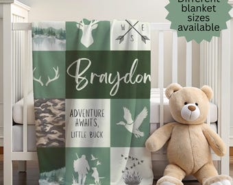 Personalized Hunting Baby Blanket – Camo Deer & Duck Blanket, Adventure Awaits Little Buck, Custom Name Woodland Nursery
