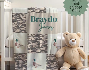 Gepersonaliseerde babydeken camo wilde eend - jachtthema Zacht minky kinderdagverblijf met aangepaste naam, babyshowercadeau, aandenken voor jongen