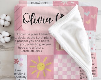Personalized Minky Baby Name Blanket | Custom Christian Baby Shower & Baptism Gift with Bible Verses, Infant Godchild Christening Keepsake