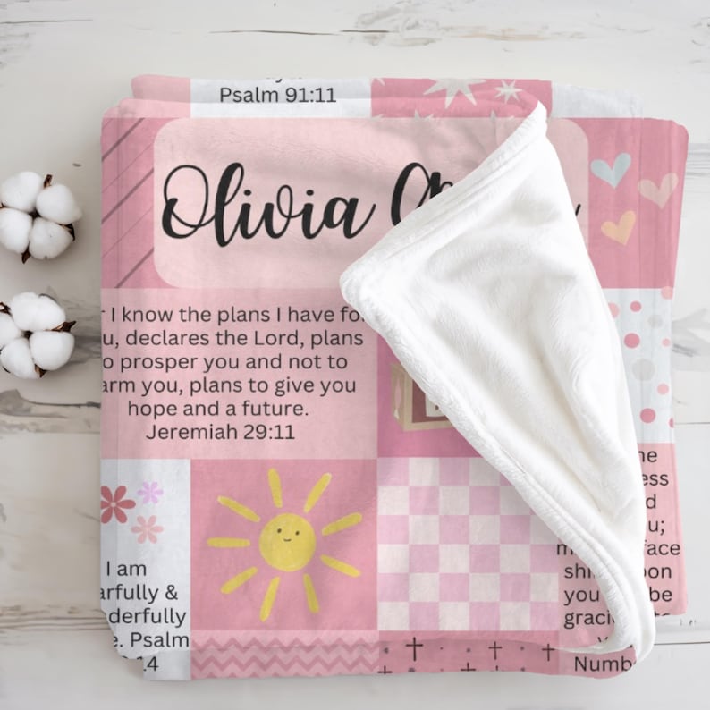 Personalized Minky Baby Name Blanket | Custom Christian Baby Shower & Baptism Gift with Bible Verses, Infant Godchild Christening Keepsake Pink