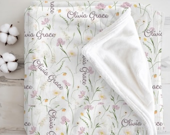 Personalized Wildflower Baby Blanket, Custom Baby Name Shower Gift, Newborn Nursery Decor, Custom Girl Minky Baby Swaddle Newborn Blanket
