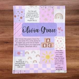 Personalized Minky Baby Name Blanket | Custom Christian Baby Shower & Baptism Gift with Bible Verses, Infant Godchild Christening Keepsake Purple