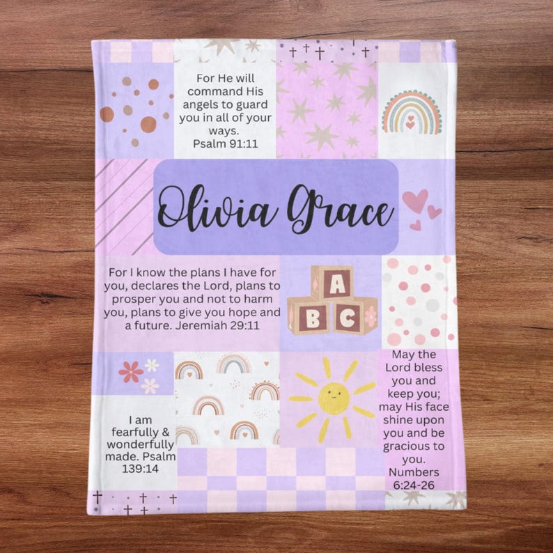 Personalized Minky Baby Name Blanket | Custom Christian Baby Shower & Baptism Gift with Bible Verses, Infant Godchild Christening Keepsake Purple