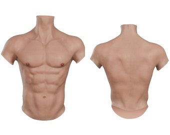 Silicone realistic muscle male suit，Fake chest，Artificial muscles belly muscle，Personalized skin tone male chest vest,Cosplay halfbody suit