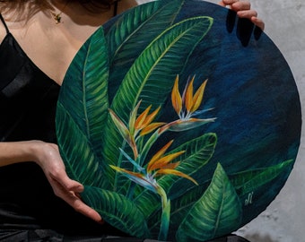 Fiore esotico: vibrante dipinto acrilico floreale Strelitzia - diametro 45 cm