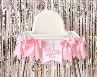 Personalized First Birthday Banner: Pink Bow High Chair Decor