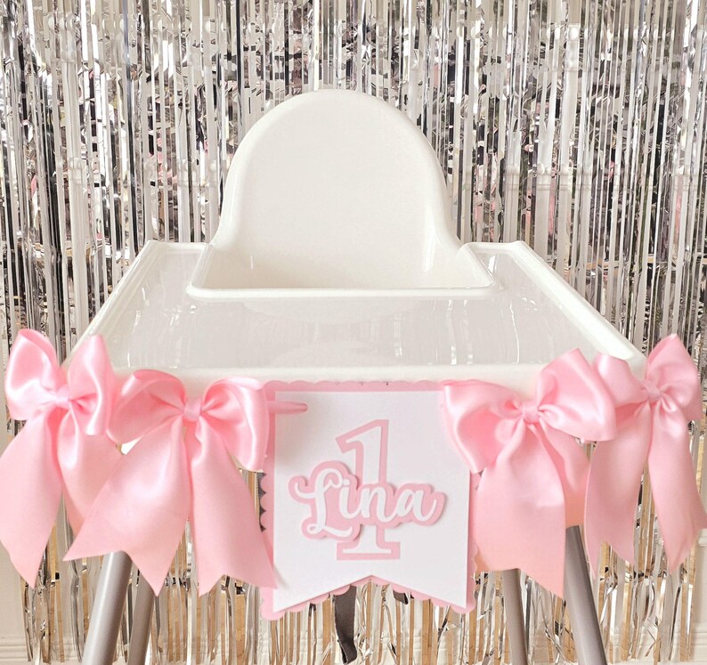 Personalized First Birthday Banner: Pink Bow High Chair Decor - Etsy