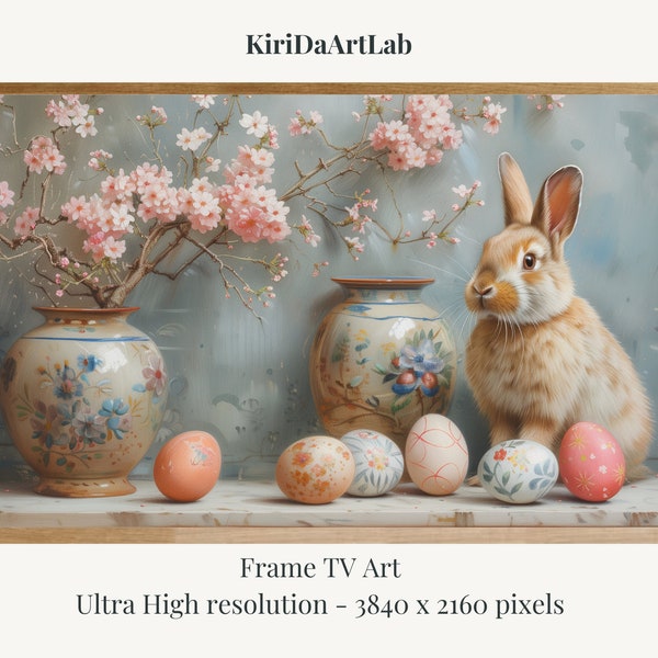 Frame TV Art Easter Bunny, Instant Download, Spring Frame TV Art, Spring TV Art Rabbit  with Easter Eggs, Samsung Frame Art vintage style