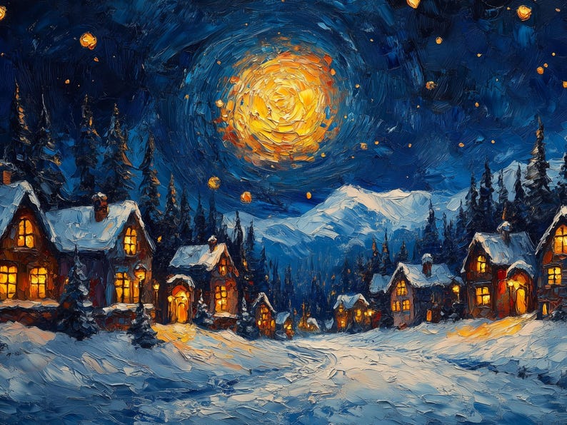 Samsung Frame TV Christmas Night Textured, Vintage Style Painting