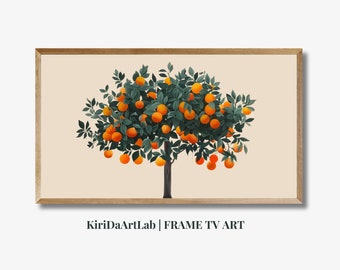 Könnte beinhalten: Eine gerahmte Illustration eines Orangenbaums mit grünen Blättern und reifen Orangenfrüchten. Der Hintergrund ist hellbeige. Der Rahmen ist aus hellem braunem Holz.