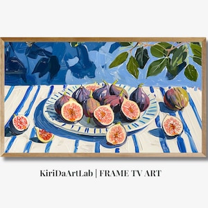 フレームTVサマーアート、イチジクの静物画サマーフレームTVマキシマリストインスタントダウンロード、カラフルな地中海風テーブルスケープデジタルTVダウンロード