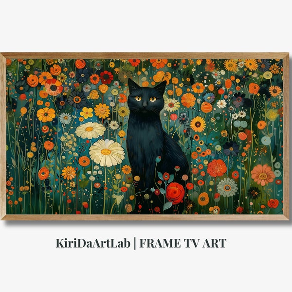 Frame Tv Art Cat In A Garden Bloom Painting, Samsung Frame Tv Art, Floral Frame Tv Art, Black Cat TV Frame, Spring Flowers Digital Art