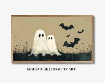 TV Samsung con cornice Famiglia fantasma con paesaggio vintage, arte TV in colori autunnali, decorazione TV con cornice Halloween, download arte della pittura spettrale autunnale