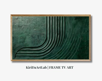 May include: A framed abstract art print with a green background and a series of raised lines forming a curved shape. The frame is a light wood colour. The text "KiriDaArtLab | FRAME TV ART" is printed below the image.