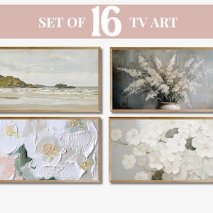 Pode incluir: Conjunto de 16 impressões de arte para TV com quatro designs diferentes. As impressões são emolduradas em uma moldura de madeira clara e apresentam uma variedade de cenas florais e paisagísticas. As impressões são perfeitas para adicionar um toque de elegância a qualquer ambiente.