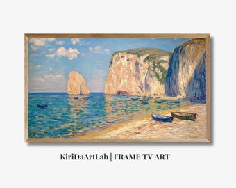 Cornice estiva per la TV con spiaggia e oceano, paesaggio marino neutro, download di scene tropicali, salvaschermo estivo in stile vintage