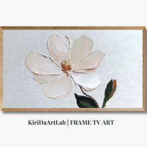 Sztuka na ramce telewizora Samsung Frame, Teksturowany 3D dziki kwiat, Abstrakcyjna sztuka na ramce telewizora, Biały kwiat, Biała piwonia sztuka na ramce telewizora, Kwiaty na ramce telewizora, Sztuka na ramce telewizora wiosennego