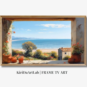 Peut inclure: Une peinture encadrée d'un paysage marin vu d'une fenêtre. La fenêtre est encadrée de bois et donne sur une plage, l'océan et une petite maison. Il y a des plantes en pot sur un rebord devant la fenêtre.