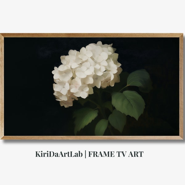 Moody Hydrangea Frame TV Art, Spring Floral Painting, Hydrangeas Spring Frame TV Art, Frame TV Art White Hydrangeas still life, Neutral