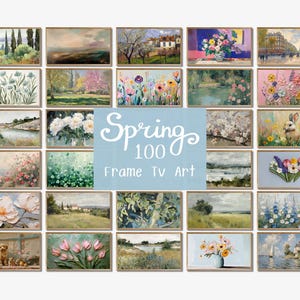 Puede incluir: Una colección de 30 piezas de arte digital enmarcadas con pinturas de paisajes primaverales. El arte presenta varias escenas, incluyendo flores, árboles y paisajes, con un fondo azul claro que dice "Spring 100 Frame TV Art."