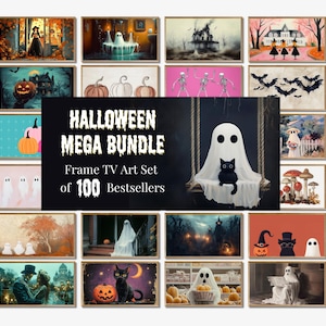 May include: A collage of 100 Halloween-themed digital art prints, featuring ghosts, pumpkins, cats, and other spooky imagery. The text "Halloween Mega Bundle" and "Frame TV Art Set of 100 Bestsellers" is displayed in the center of the image.