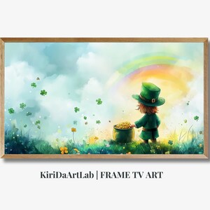 St Patrick&#39;s Day Samsung Frame TV Art, Painting of Irish Leprechaun for TV, Rainbow Shamrock TV, St Patrick&#39;s Day Decor, Digital Download