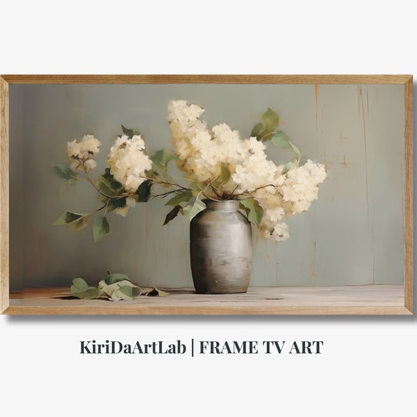 Samsung Frame TV Art Spring, Muted Hydrangea Art for Frame TV, White Hydrangeas in Vintage Vase Painting, Mothers Day TV Art, Neutral