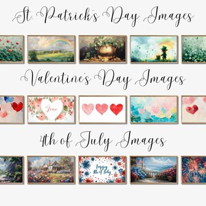 May include: A collection of framed art prints featuring holiday themes. The top row showcases St. Patrick's Day scenes, the middle row features Valentine's Day art, and the bottom row displays 4th of July images. Each print has a wooden frame.