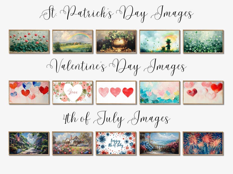 May include: A collection of framed art prints featuring holiday themes. The top row showcases St. Patrick's Day scenes, the middle row features Valentine's Day art, and the bottom row displays 4th of July images. Each print has a wooden frame.