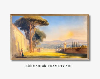 Paesaggio di campagna italiana per Samsung Frame TV, vista della terrazza vintage dell'ora d'oro, download di arte digitale per decorazioni murali