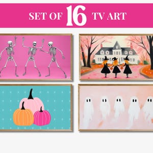 May include: Set of 16 TV art prints featuring Halloween-themed illustrations. Includes images of skeletons, witches, pumpkins, and ghosts. Each framed print has a wooden border and is designed for TV display.