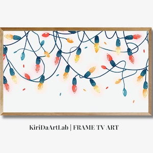 May include: A framed illustration of colorful string lights with a white background. The lights are in various shades of red, orange, yellow, blue, and green. The frame is a light brown wood.