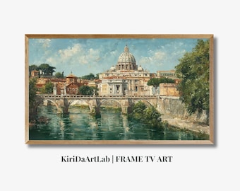 Dipinto a olio vintage di viaggio a Roma, decorazione rustica da fattoria, cornice TV vintage, paesaggio urbano retrò con cornice TV Samsung, estetica italiana