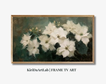 Frame TV Art Moody Flowers White, Moody Floral TV Background, Samsung Frame TV Art Vintage Flower, Painting Dark, Christmas Poinsettia
