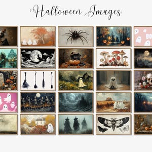 May include: A collection of framed Halloween-themed images. The artwork features various spooky scenes, including ghosts, spiders, witches, and pumpkins. The images are in a vintage style, with a variety of colors and compositions. The text "Halloween Images" is written in cursive at the top.