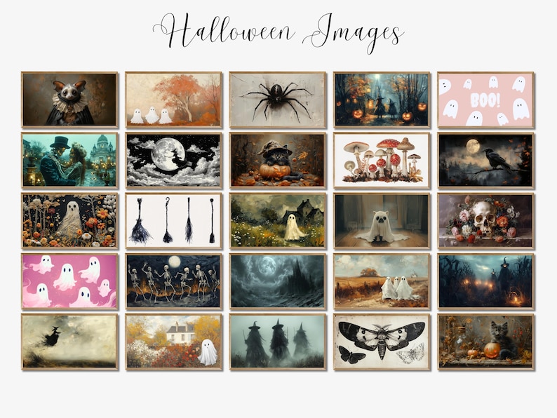 May include: A collection of framed Halloween-themed images. The artwork features various spooky scenes, including ghosts, spiders, witches, and pumpkins. The images are in a vintage style, with a variety of colors and compositions. The text "Halloween Images" is written in cursive at the top.
