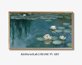 Cornice estiva per la TV, dipinto di lago vintage, paesaggio di ninfee di uno stagno di campagna verde, download digitale di screensaver naturalistico, fiori bianchi