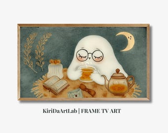 Halloween Frame TV Art Ghost Holding Pumpkin, Neutral Halloween Samsung Frame TV Art Ghost, Fun Spooky Cute Halloween TV Artwork