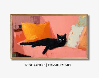 Cornice per TV con gatto, decorazione estiva in stile cottagecore rosa, decorazione TV moderna in stile fattoria per ragazze, download digitale per amanti dei gatti, cornice per TV con animali contemporanei