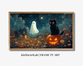 Moody Halloween TV Art, Ghost Painting, Dark Academia Tv Art, Gothic Artwork, Dark Cottagecore, Cat and Ghost Samsung Frame TV Art