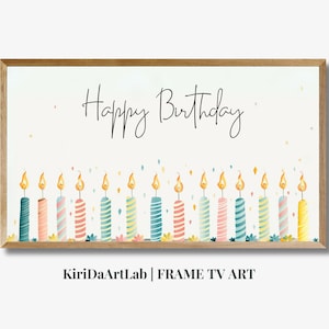 May include: A framed print with the text "Happy Birthday" in black cursive font. The print features a row of 12 colorful candles with yellow flames against a white background.